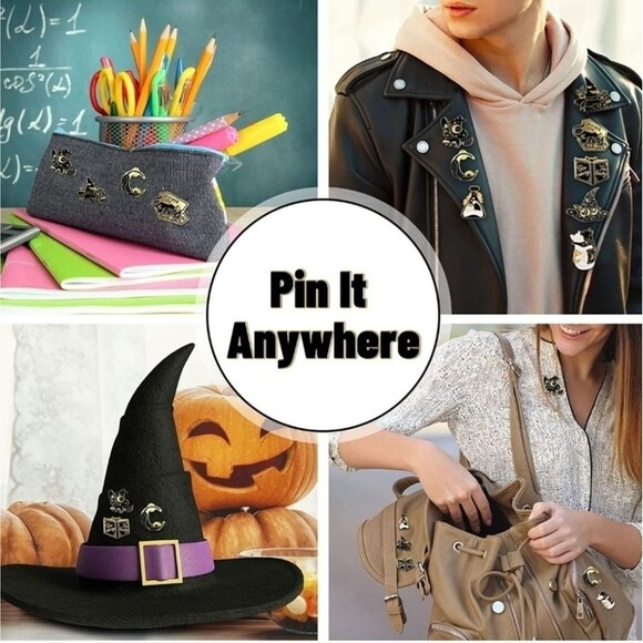 Black & Gold Cat Enamel Pin Mystical magical Spooky Cat Fashion pins Moon planet - Picture 9 of 11